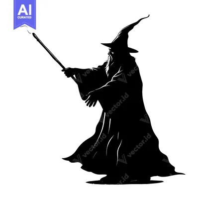 Premium design asset: Silhouette of a Wizard Holding a Staff with Smoke Rising