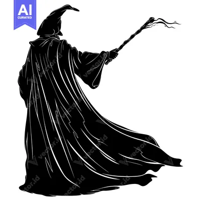 Popular premium asset: Silhouette of a Wizard Holding a Staff with a Pointed Hat and Flowing