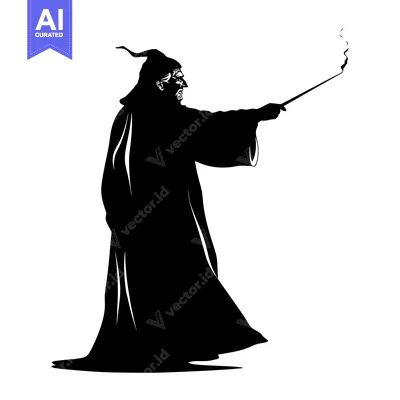 Aset desain premium: Silhouette of a Wizard Casting a Spell with a Wand