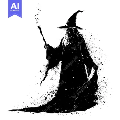 Aset desain premium: Silhouetted Wizard Casting Magic with a Staff
