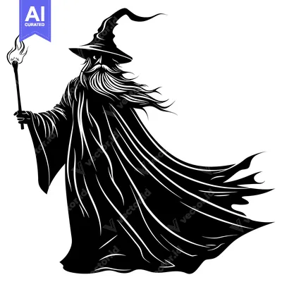 Black and White Silhouette of a Wizard Holding a Torch