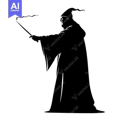 Silhouette of a Wizard Casting a Spell with a Wand