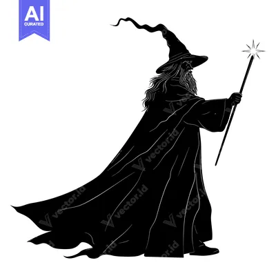 Aset desain premium: Black and White Silhouette of a Wizard Holding a Staff