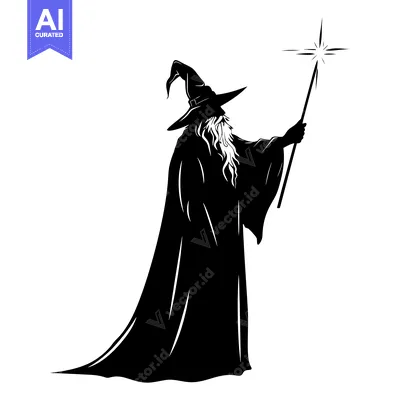 Silhouette of a Wizard Holding a Staff with a Star