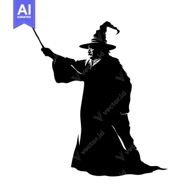 Silhouette of a Wizard Holding a Staff with Pointed Hat