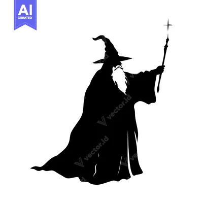 Silhouette of a Wizard Holding a Staff with a Star on Top