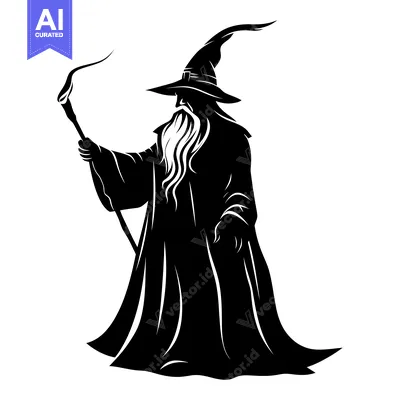 Aset desain premium: Black and White Silhouette of a Wizard Holding a Staff