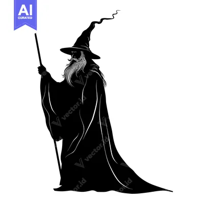 Premium design asset: Black and White Silhouette of a Wizard Holding a Staff