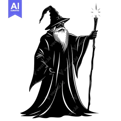 Aset desain premium: A silhouette of a wizard with a long beard and a pointed hat holding a