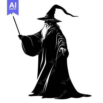 Premium design asset: A wizard with a long beard, wearing a pointed hat, holding a staff wit