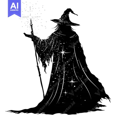 Aset premium populer: Silhouette of a Wizard Casting a Spell with a Staff