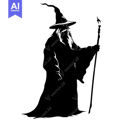 Aset desain premium: Silhouette of a Wizard Holding a Flaming Staff