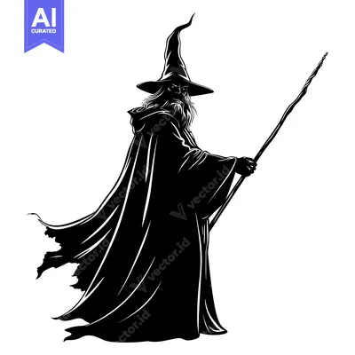 Aset premium populer: Silhouette of a Wizard Holding a Staff with a Flowing Cloak