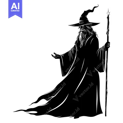 Black and White Silhouette of a Wizard Holding a Staff