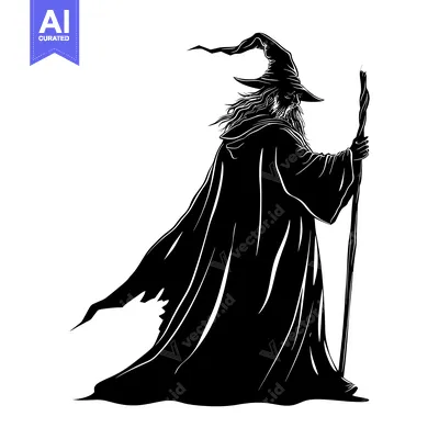 Silhouette of a Wizard Holding a Staff