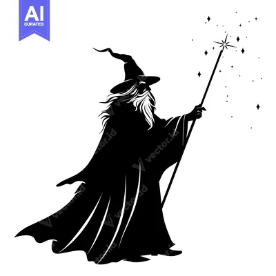 Aset desain premium: Silhouette of a Wizard Casting a Spell with a Wand