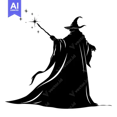 Premium design asset: Silhouette of a wizard casting a spell with a wand and stars