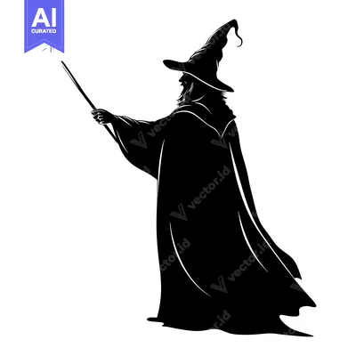 Aset premium populer: A Black Silhouette of a Wizard Casting a Spell with a Wand