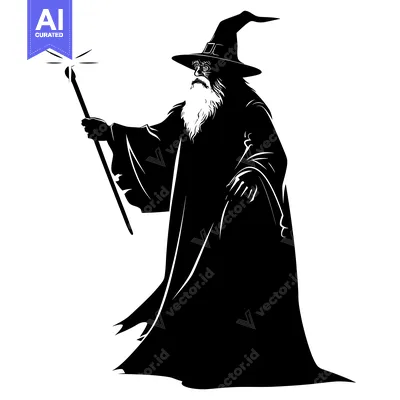 Aset desain premium: Black and white illustration of a wizard holding a staff with a glowin