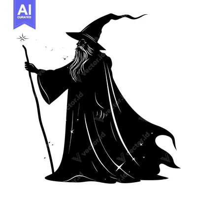 Silhouette of a Wizard with a Staff and Pointy Hat