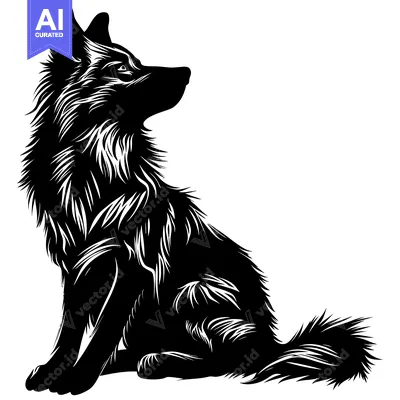 Aset desain premium: Black and White Line Art Illustration of a Sitting Wolf