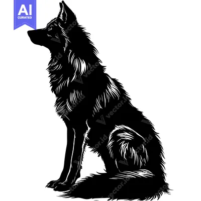 Aset desain premium: A Black and White Silhouette of a Wolf Sitting on a White Background