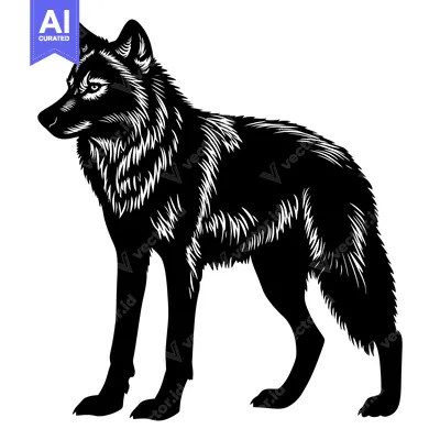 Aset desain premium: Black and White Silhouette of a Wolf Standing
