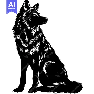 Popular premium asset: A Black and White Silhouette of a Wolf Sitting and Looking to the Righ