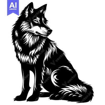 Popular premium asset: A black and white illustration of a wolf sitting with its head turned