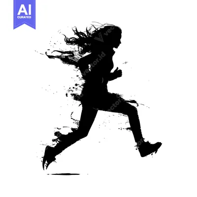 Aset desain premium: Silhouette of a Woman Running with Windblown Hair and Ink Splashes