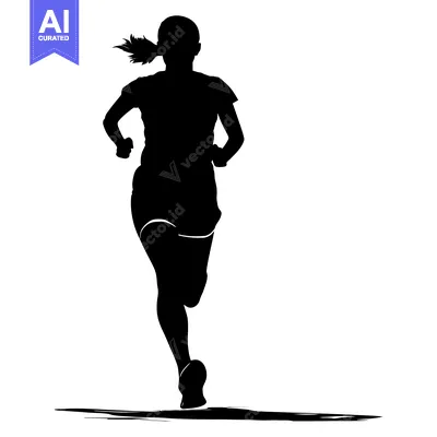 Aset premium populer: Silhouette of a woman running in motion, with ponytail, white backgrou