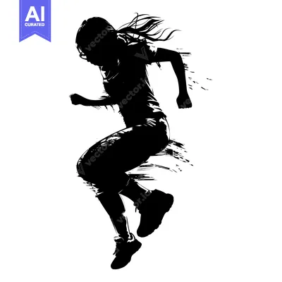 Aset premium populer: Silhouette of a female athlete running with her hair flowing in the wi