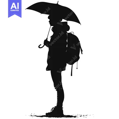 Silhouette of a Person Holding an Umbrella and Carrying a Backpack