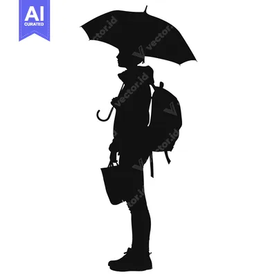 Aset desain premium: Silhouette of a person holding an umbrella, a backpack, and a bag