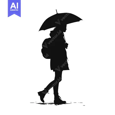 Popular premium asset: Silhouette of a Woman Walking with an Umbrella and Backpack