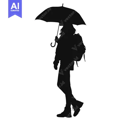 Aset desain premium: Silhouette of a Woman Holding an Umbrella and Carrying a Backpack