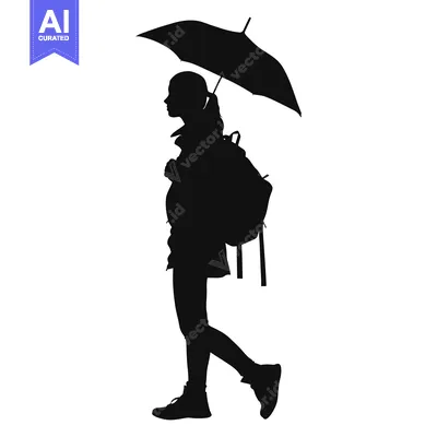 Popular premium asset: Silhouette of a Woman Walking with an Umbrella and Backpack