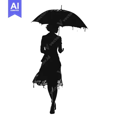 Aset desain premium: Silhouette of a woman walking with a dripping umbrella