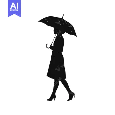 Aset desain premium: Silhouette of a Woman Walking with an Umbrella