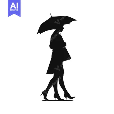 Aset desain premium: Silhouette of a Woman Walking with an Umbrella