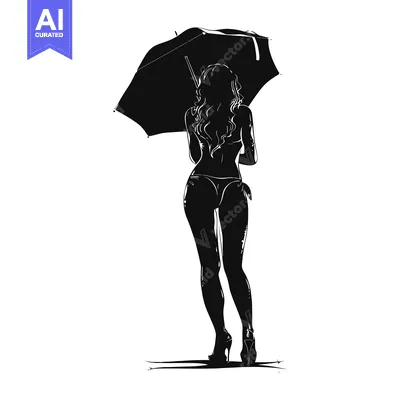 Aset desain premium: Silhouette of a Woman in a Bikini Holding an Umbrella