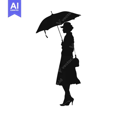 Aset desain premium: Silhouette of a Woman Holding an Umbrella and Carrying a Bag