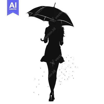 Aset desain premium: Silhouette of a woman walking with an umbrella in the rain