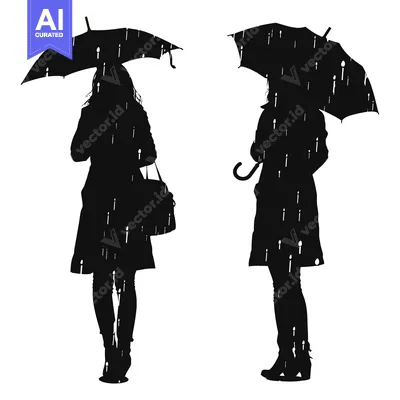 Aset premium populer: Silhouettes of Two Women Holding Umbrellas in the Rain