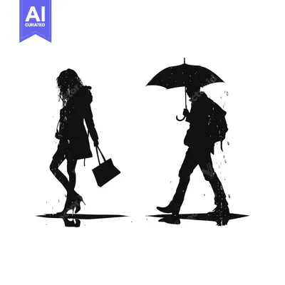 Aset premium populer: Silhouette of a woman and a man walking in the rain