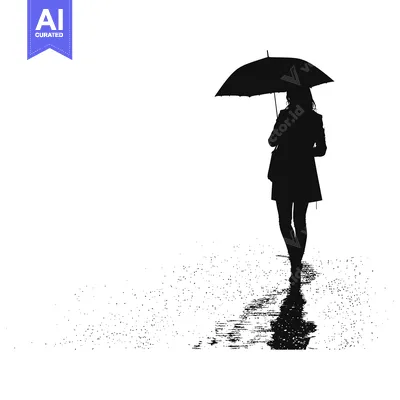 Silhouette of a Woman Walking in the Rain with an Umbrella