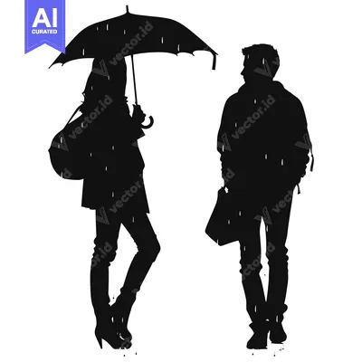Aset premium populer: Silhouettes of a woman holding an umbrella and a man walking in the ra