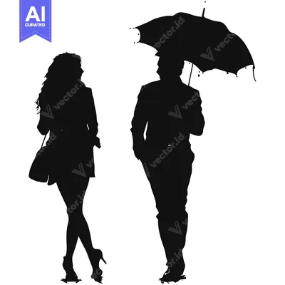 Aset desain premium: Silhouette of a Woman and Man with an Umbrella