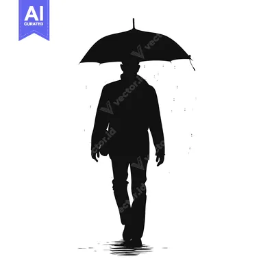 Silhouette of a Man Walking in the Rain with an Umbrella
