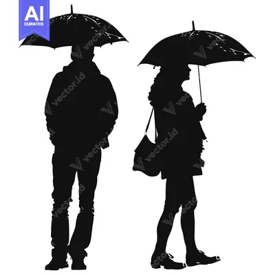 Premium design asset: Silhouettes of a Man and Woman Walking Together Under Umbrellas